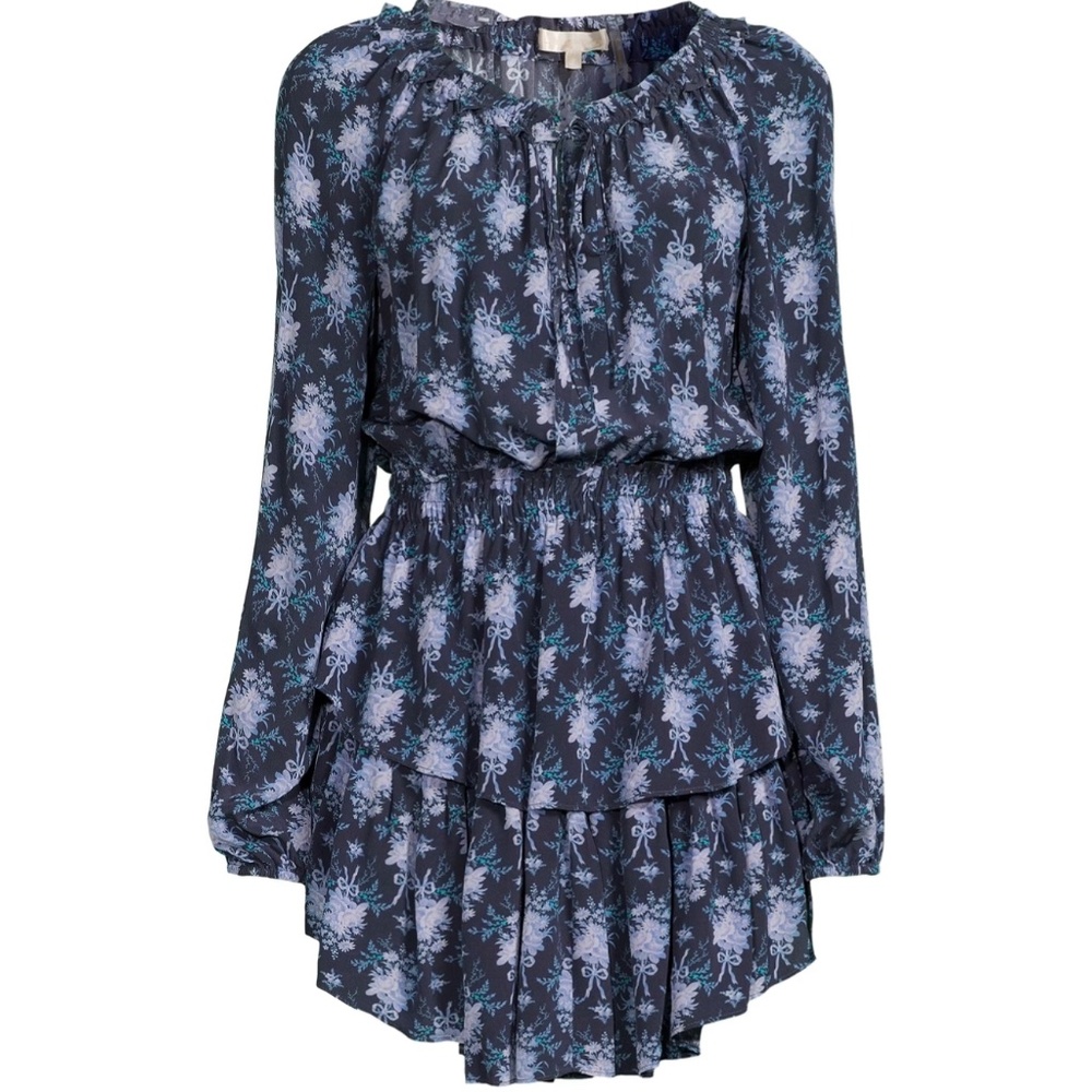 LoveShackFancy Popover Dress Size M Mini Blouson Blue Noir Floral Print‎